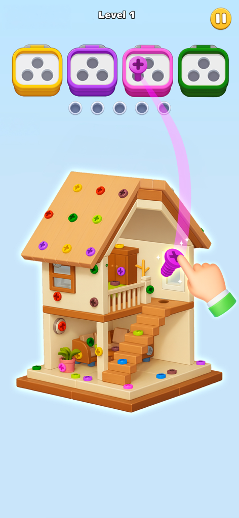 Bolts Off: Screw 3D Master - A 3D house model in the Bolts Off mobile game with colored screws being sorted into matching containers