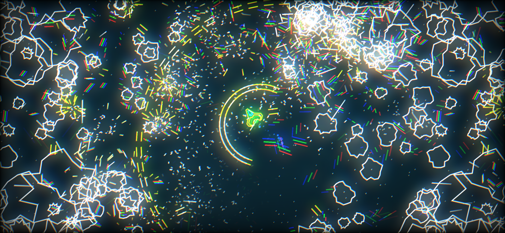 PewPew Live - A neon ship amidst an explosion of colorful vector fragments and geometric shapes in a frantic arcade shooter