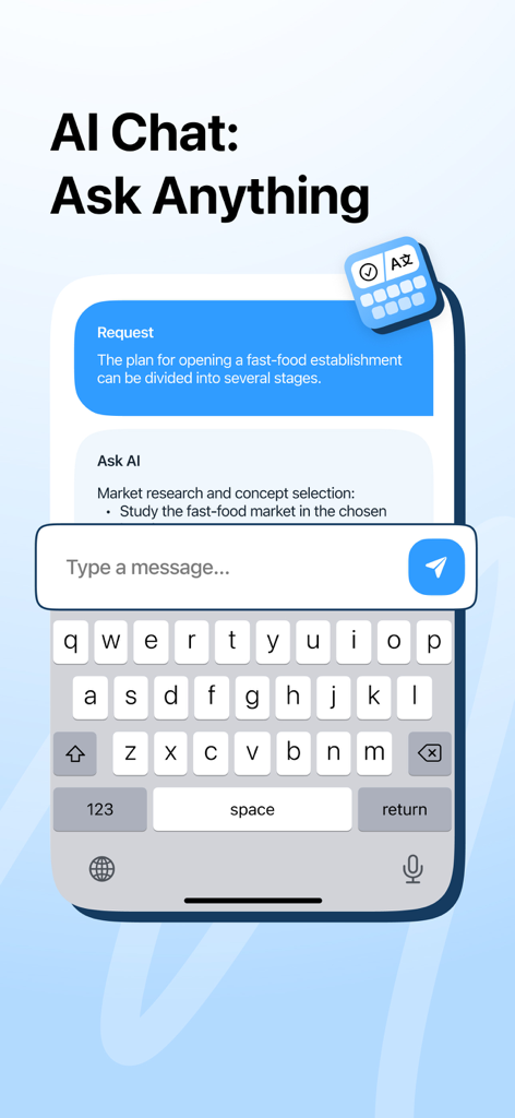 Interface du Clavier IA Friday montrant sa fonction d'assistant de chat IA avec une demande commerciale d'exemple.