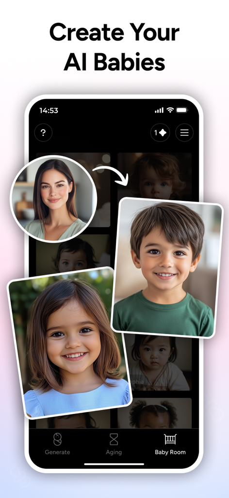 Une interface d'application mobile pour le Générateur de Bébé IA TinyFaces affichant plusieurs portraits de jeunes enfants et une photo de parent