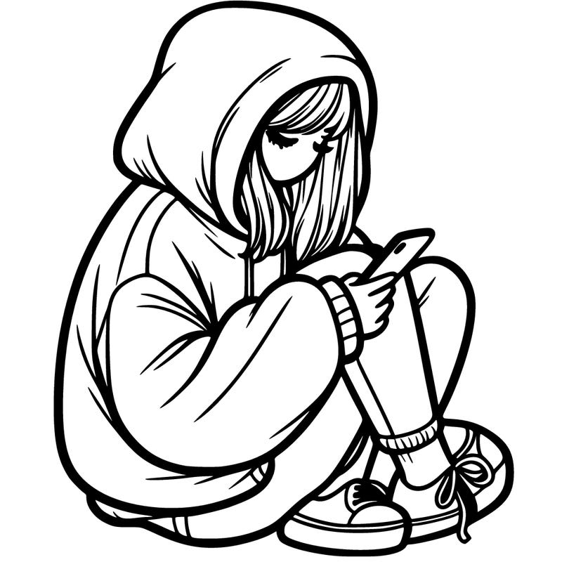 a girl sitting on her phone in a oversized hoodie