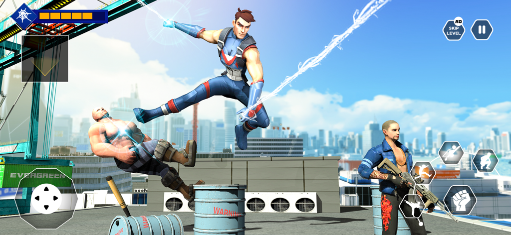 The 3D Superheroes Grand Fight - Action gameplay of a 3D superhero fighting thugs on a city rooftop