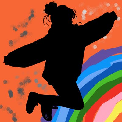 realistic girl jumping with a bun and oversized sweatshirt