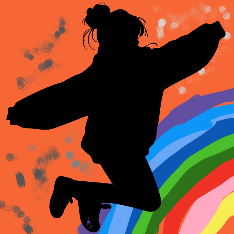 realistic girl jumping with a bun and oversized sweatshirt