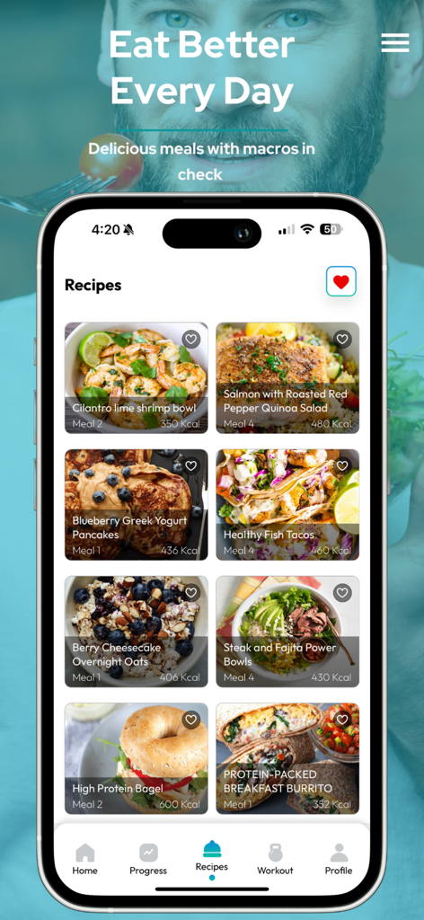 BodyRecomp: Meal & Workout - BodyRecompアプリのレシピ画面。カロリー数とマクロ情報を含む健康的な食事オプションが表示されます。
