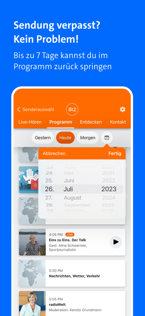 Programme de l'application BR Radio avec fonction de rattrapage sur sept jours