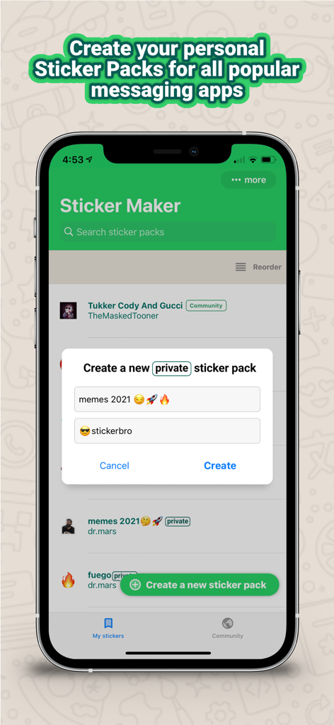 Bildschirm einer mobilen App, der die Erstellung eines neuen privaten Sticker-Packs in Sticker Maker Studio zeigt