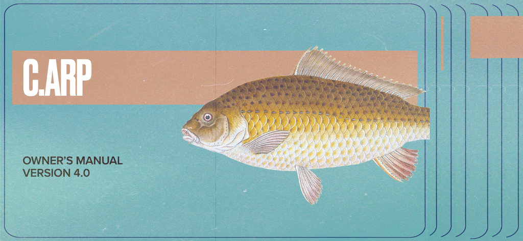 C.ARP - Couverture du manuel du propriétaire vintage de l'application musicale C.ARP, présentant une illustration de carpe et un design rétro.