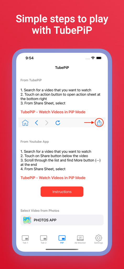 Music Video Player with PiP - Step by step instructions for playing videos in Picture in Picture mode with the TubePiP app