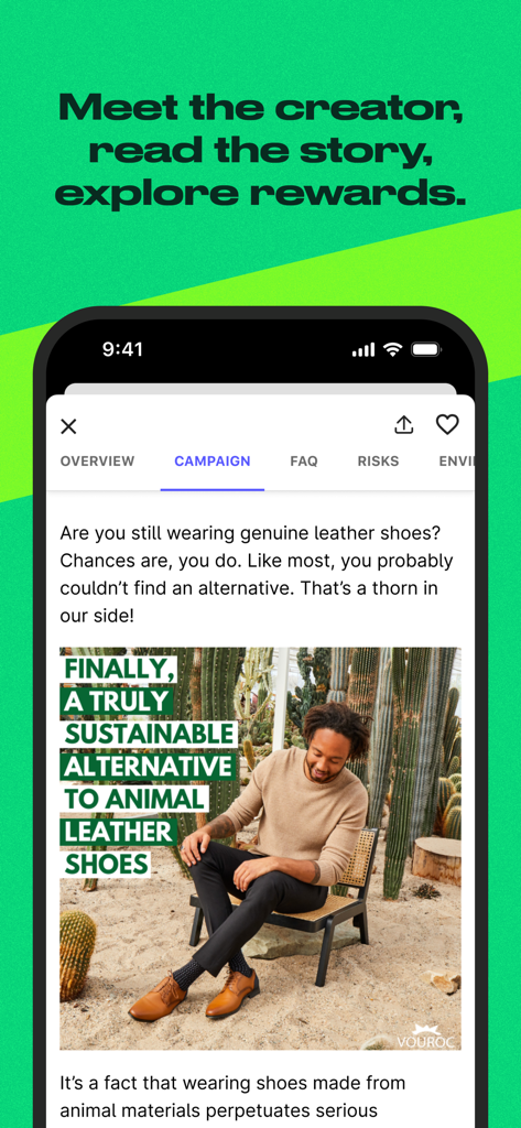 Kickstarter: Projects You Love - Kickstarter app interface displaying a project campaign for sustainable leather shoes with tabs for overview and rewards.