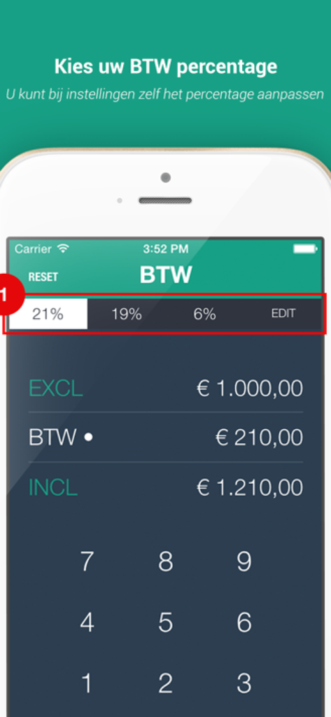 BTW berekenen app - BTW - Mobile app screen showing a VAT calculation with options for different percentages.