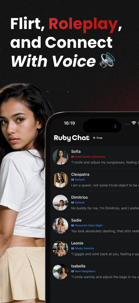 Ruby Chat app interface displaying a list of various AI characters for roleplay and voice interaction