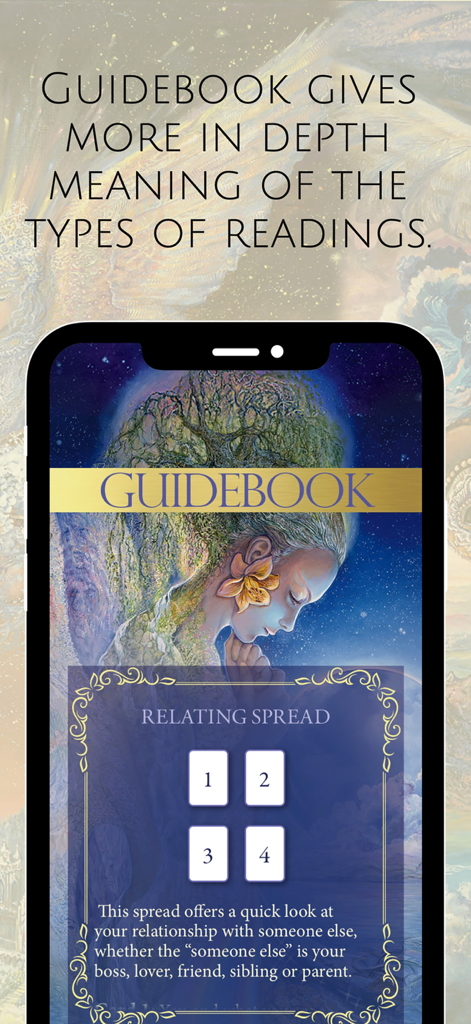 Nature's Whispers Oracle - Captura de tela do aplicativo Nature's Whispers Oracle mostrando a seção do guia com um spread de Relacionamento de quatro cartas sobre arte etérea.