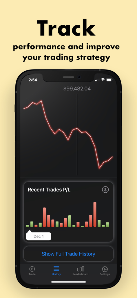 ビットコインシミュレーターアプリのスクリーンショット。取引パフォーマンス追跡と損益チャートが表示されています