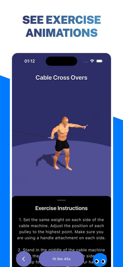 GymStreakアプリで、ステップバイステップのエクササイズ指示とともにケーブルクロスオーバーを実演する3Dキャラクター。