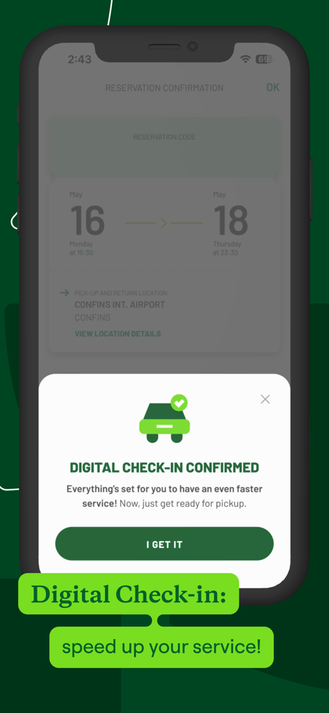 Localiza Rent A Car - Localiza app digital check-in confirmation screen