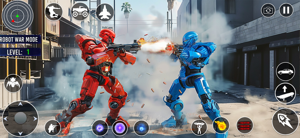 Red and blue robots fighting in a city street battle