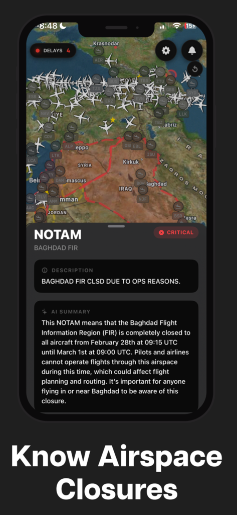 FlightDeck - Flight Tracker - FlightDeck app interface displaying critical airspace closure alerts with AI summaries