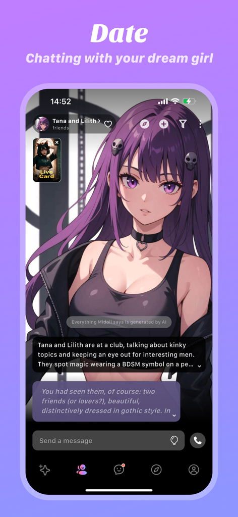 Midoll-Create&Chat AI girl - A screenshot of Midoll app showing an anime-style AI girl with purple hair in a roleplay chat interface.