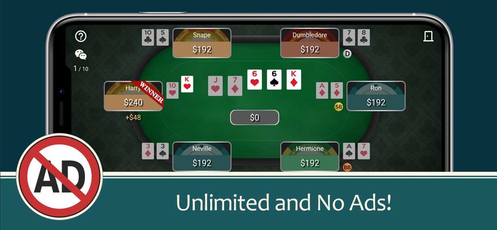 Poker Friends - Online Game - Gameplay screenshot of Poker Friends mobile app featuring an ad-free interface and clean poker table