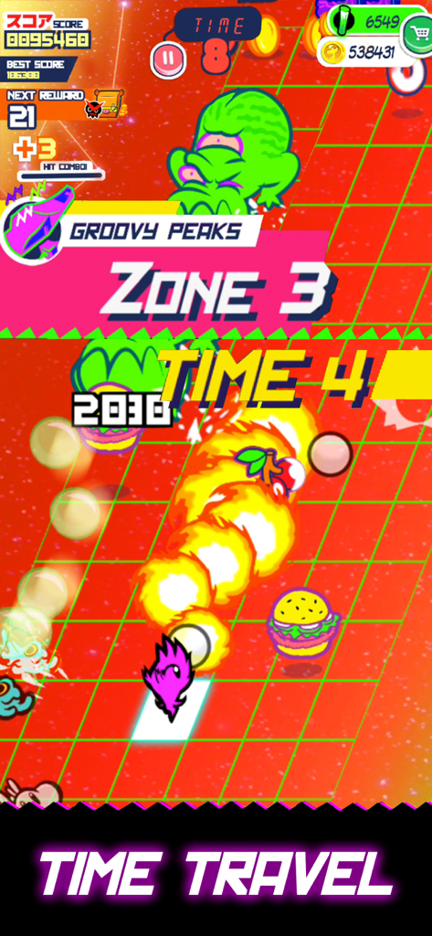 Floyd's Sticker Squad - A high-action gameplay screenshot of Floyd's Sticker Squad featuring the time travel mechanic and retro-wave art style.