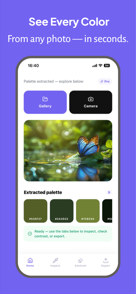 ColorAudit: Palette Extractor - Interface de l'application ColorAudit montrant une palette de couleurs extraite avec des codes HEX d'une photo d'un papillon bleu