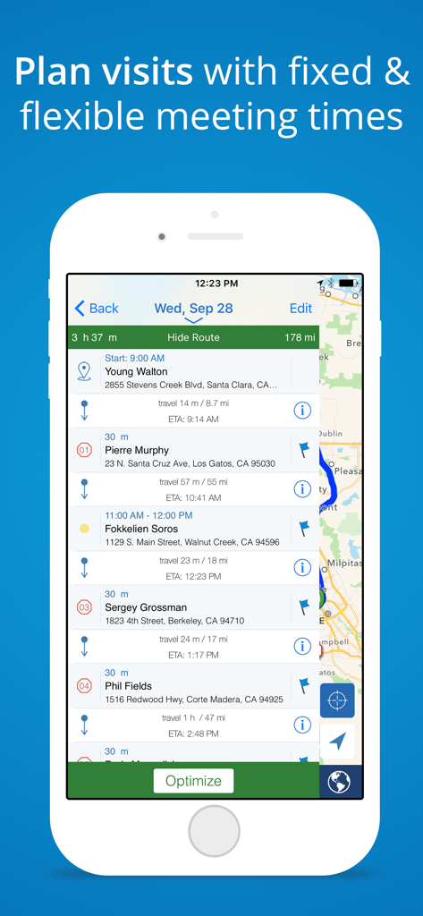 Oberfläche der Mapview App zeigt einen täglichen Routenplan mit Besprechungszeiten und Reisedetails