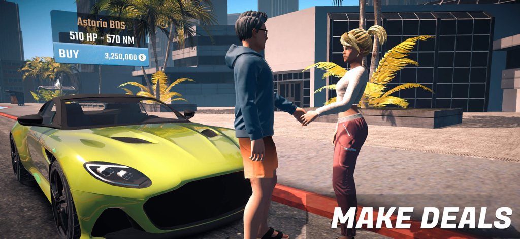 Two characters shaking hands next to a lime green supercar to finalize a car trade deal in-game.