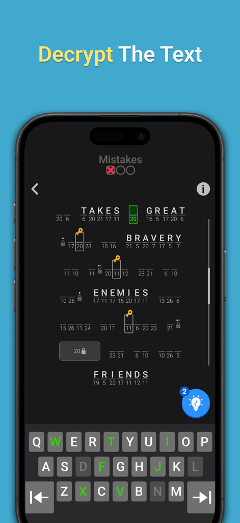 PlaySimple Cryptogram - A mobile screen showing a cryptogram puzzle where players decode a quote by substituting numbers with letters.