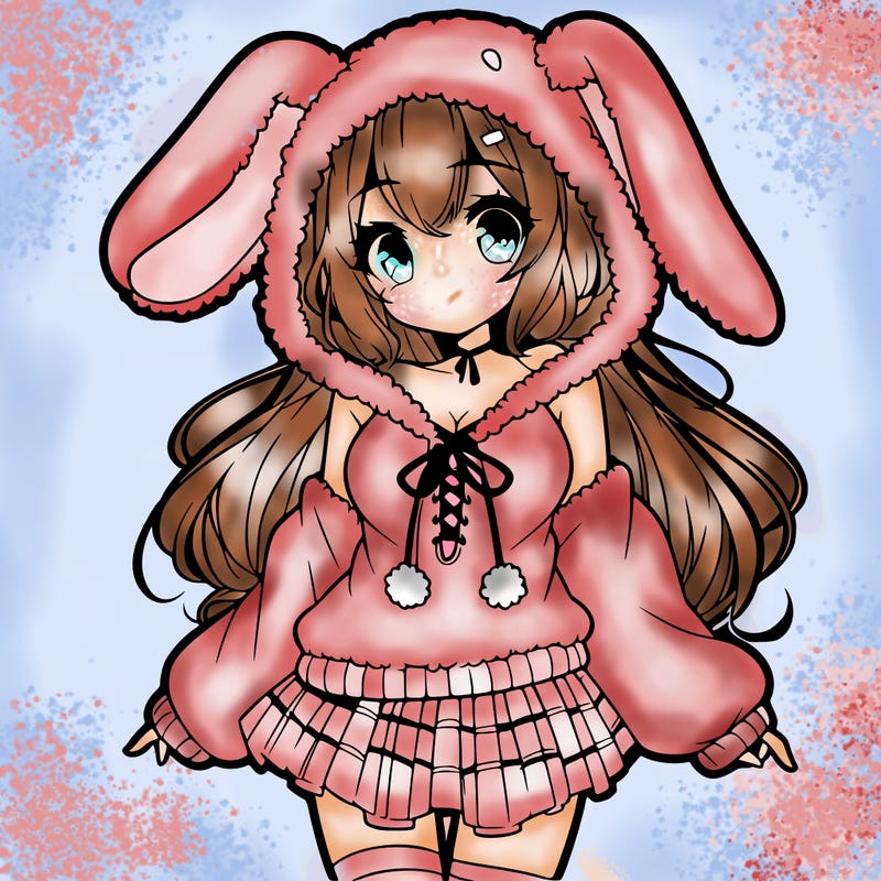 pretty anime girl wearing a fluffy hoodie with bunny ears on the hood and a skirt