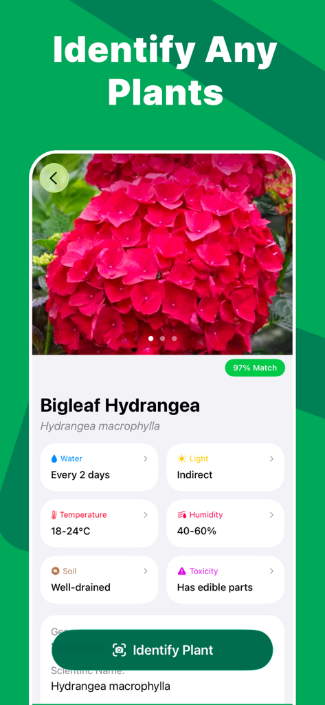 Plant AI App-Bildschirm, der eine Bauernhortensie mit detaillierten Pflegeanweisungen für Wasser, Licht und Temperatur identifiziert.
