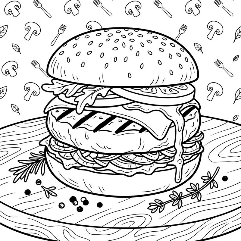 Indulge your artistic appetite with this delightful Portobello Mushroom Burger coloring page. Featuring a detailed grilled mushroom patty with all the fixings, it's perfect for food lovers to color.