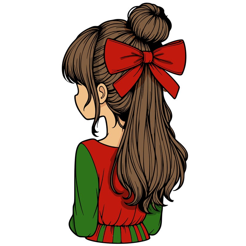 realistic girl  with hip length hair a bun and a big bow on the back of head