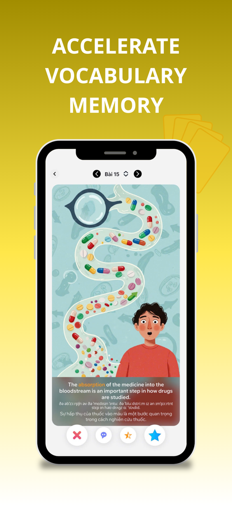 Dot Speak: Your English Coach - Tela do aplicativo Dot Speak mostrando o recurso de memória de vocabulário com ilustração de contexto médico e exemplo de frase