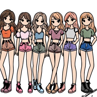 a group of girls wearing crop tops and shorts