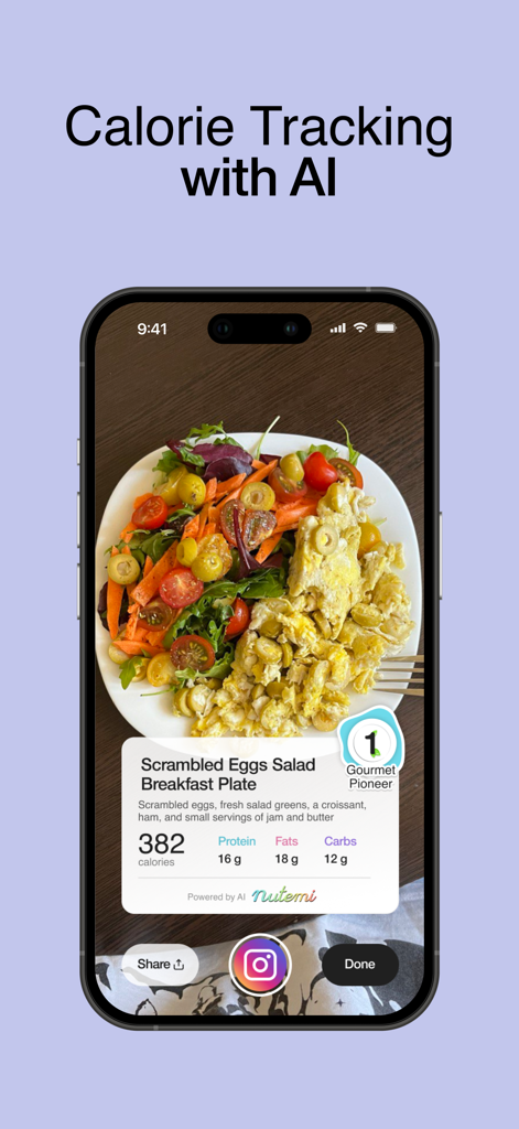 Interfaz de la aplicación de contador de calorías por IA que muestra el análisis nutricional de una foto de comida