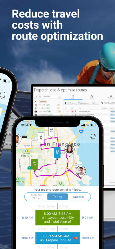 Hellotracks - GPS Locator - Hellotracks app interface showing route optimization and job dispatching on a map of San Francisco for field workers