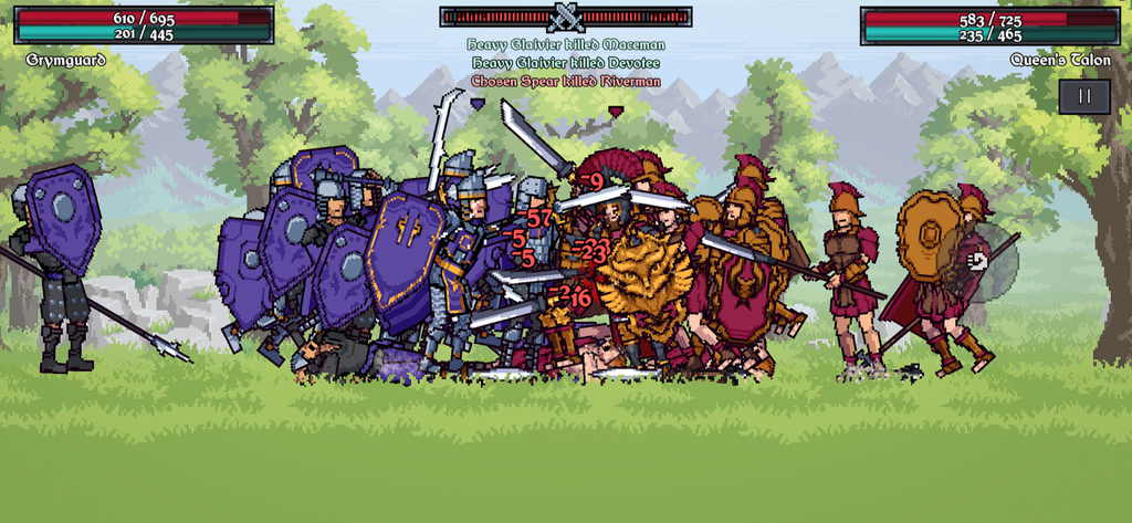 Blades of Deceron - 2D pixel art medieval battle scene between two factions with soldiers clashing in a field