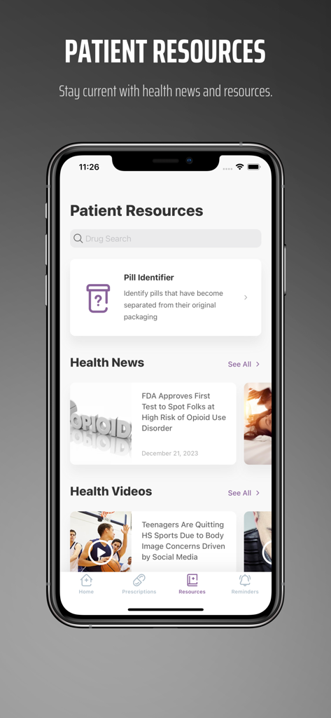 Cooperative Health Pharmacy - Cooperative Health Pharmacy app patient resources screen showing pill identifier tool, drug search, and health news articles.