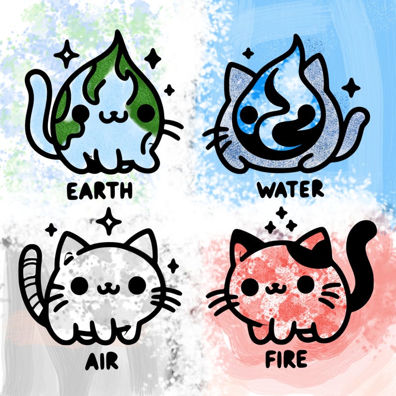 4 cats that represent the different elements, earth, water, air, and fire