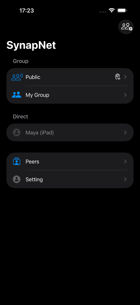 SynapNet - Offline Messenger - Main menu of SynapNet offline messenger with group and direct chat lists