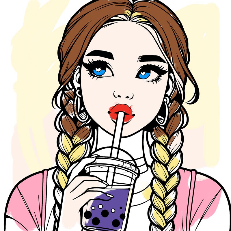 realistic girl with braided hair drinking boba
