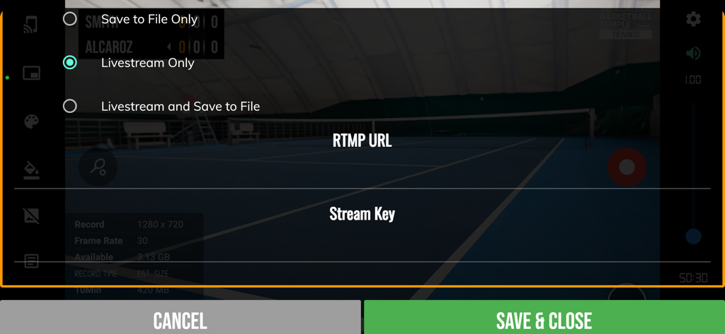 Livestream configuration menu in BT Tennis Camera app featuring RTMP URL and Stream Key settings for broadcasting tennis matches