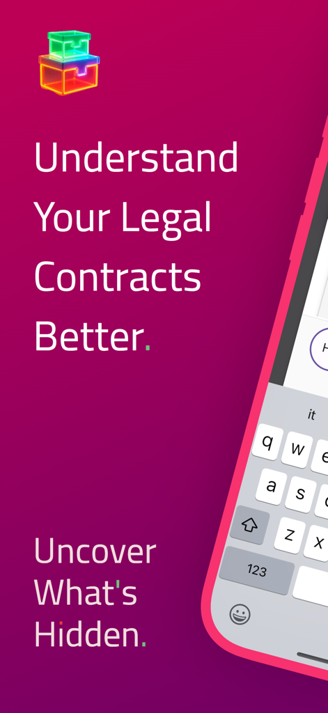 AI Legal Contract Analyzer - Schermata promozionale per l'app Legalyzer con testo che spiega come comprendere meglio i contratti legali e scoprire i rischi nascosti.