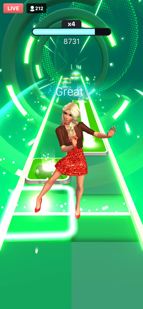A female character dancing on a glowing neon green musical track in Tap Tap Dancefloor game