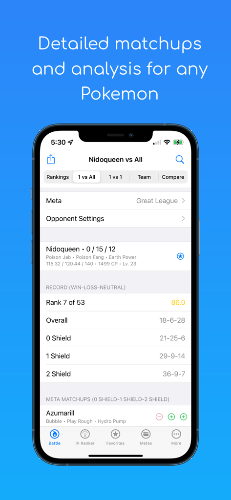 PVP IV - Interface showing detailed Pokémon matchup analysis and win-loss records in the PVP IV app