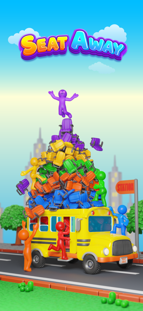 Seat Away - A yellow bus with a colorful pile of seats and stick figure characters in the Seat Away mobile game.