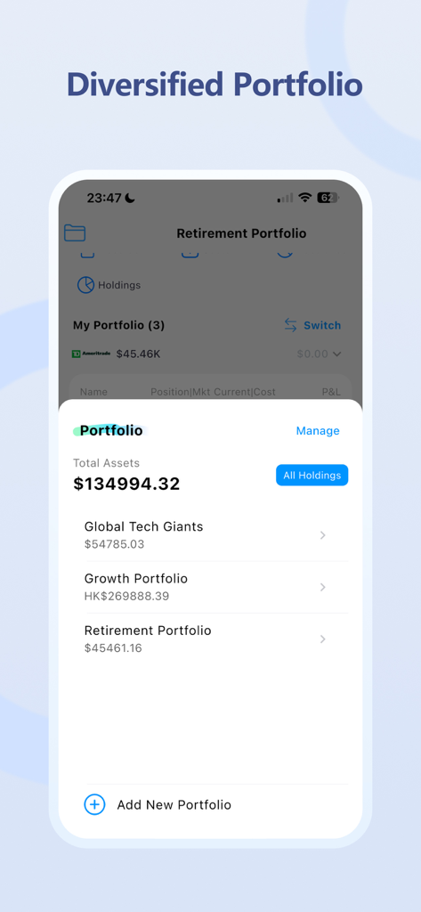 Snowball Portfolio - A screenshot of the Snowball Portfolio app showing total assets and a list of diversified investment portfolios like Global Tech Giants and Retirement Portfolio.