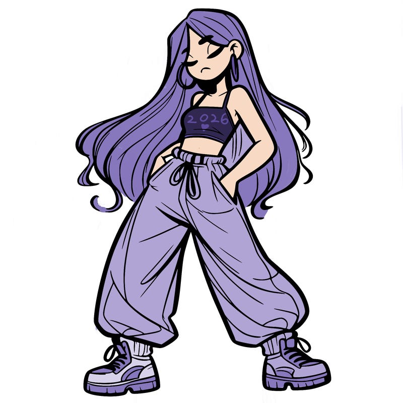 girl in baggy pants crop top and long hair