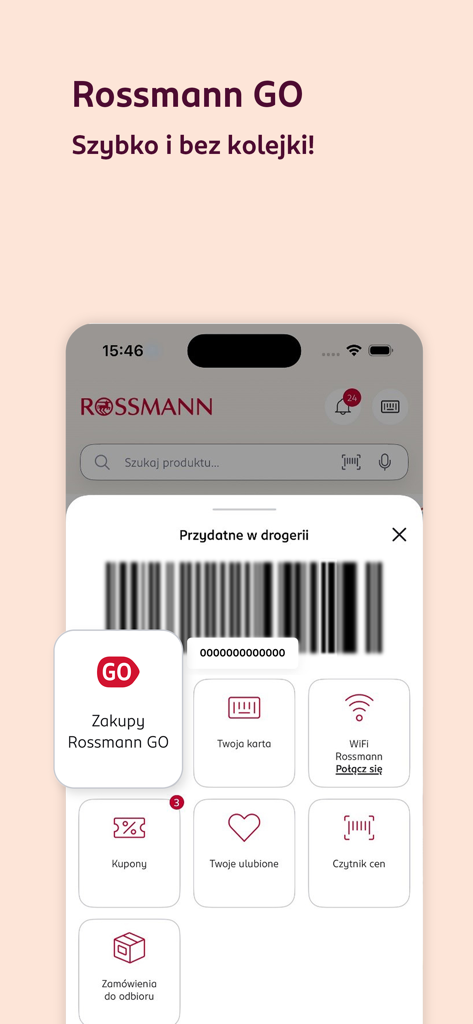 Interfaz de la app móvil Rossmann PL mostrando la función Rossmann GO para compras rápidas y código de barras de fidelización